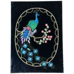 Vintage 70s Peacock Art Velvet Wall Hanging‎ Embroidered Beaded on Velvet Decor